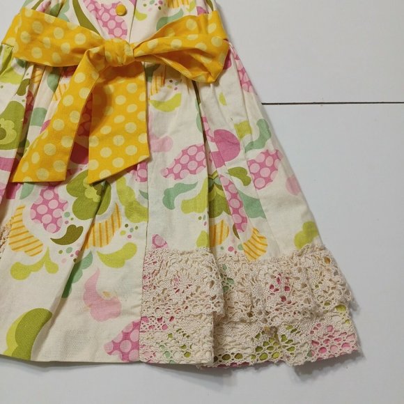 Peaches 'N Cream Girls 5 Dress BYellow Floral Lace Button Bow Tie 100% Cotton - Picture 4 of 12
